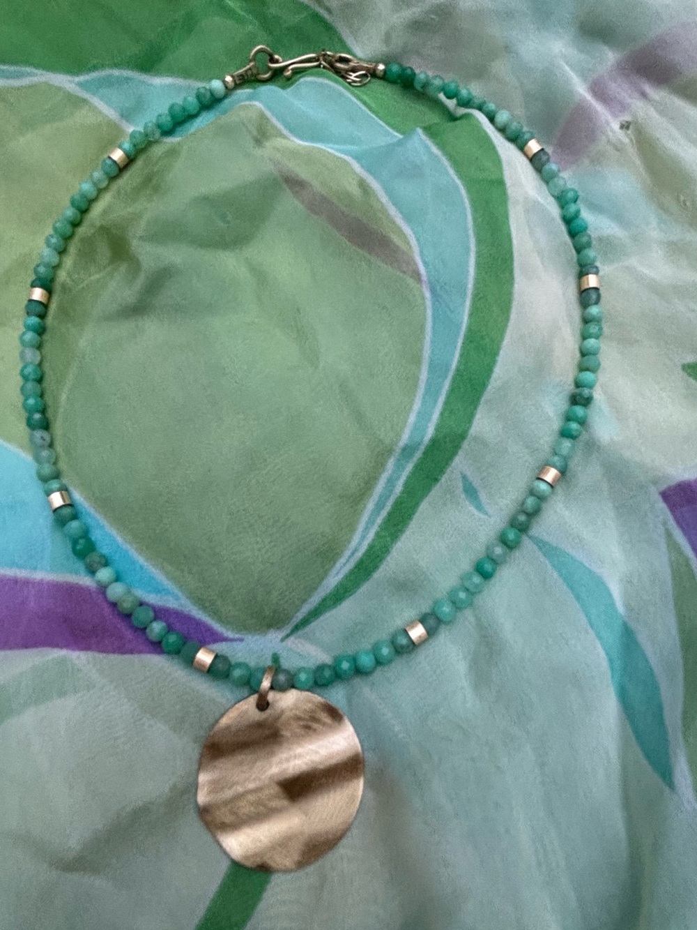 Turquoise Beaded Necklace with Silver Disc Pendant